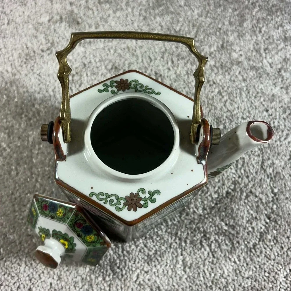 Andrea by Sadek Teapot White Floral Bird Hexagonal Brass Handle Japan Vintage